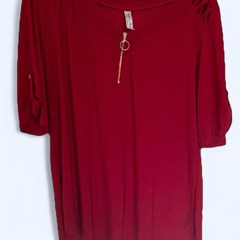 Per Seption Concept Women XL Red V-Neck 3/4 Sleeve Zip Neck Knit Blouse y2k